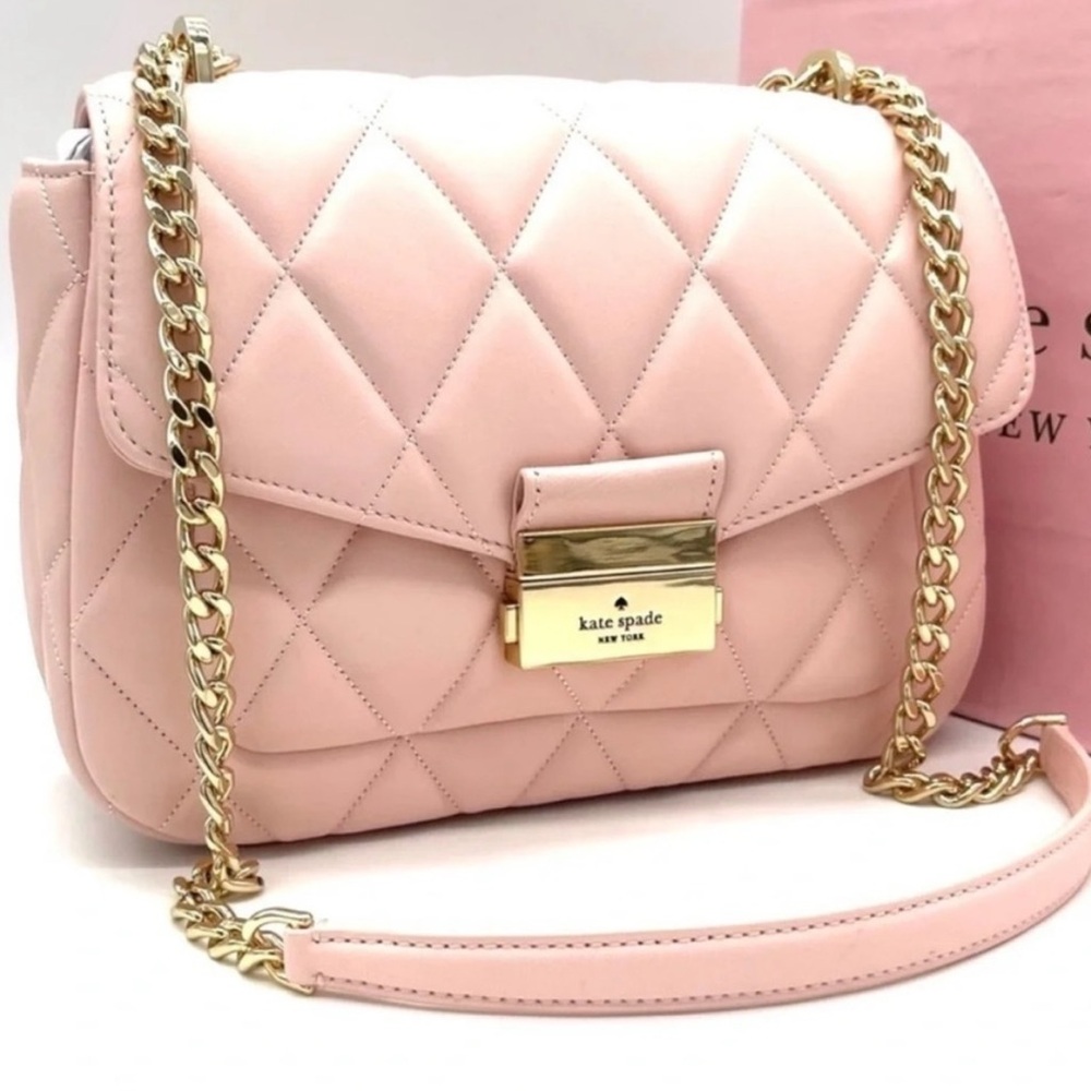 Kate Spade Carey Small Quilted Flap Shoulder Crossbody Bag Light Pink/ Gold - Picture 3 of 10